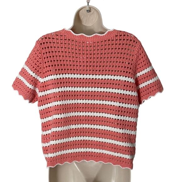 NWT GAP Womens Crochet Short Sleeve Sweater Top Pink White Stripe Size M - Picture 4 of 9